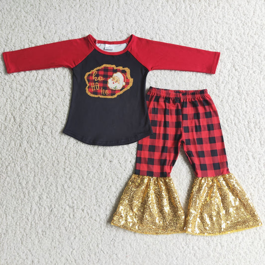 Clearance 6 C9-5 Christmas Ho Santa Red Black Plaid Golden Sequin  Girls Long Sleeve Bell Bottom Pants Outfits