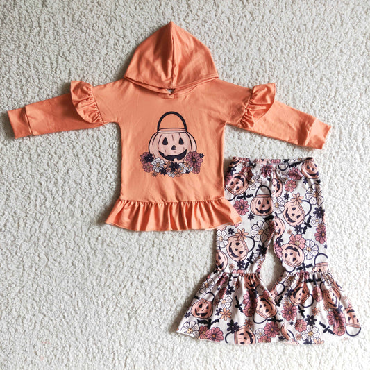 GLP0213 Halloween Pumpkin Floral Orange Ruffles Girls Long Sleeve Hoodies Outfits