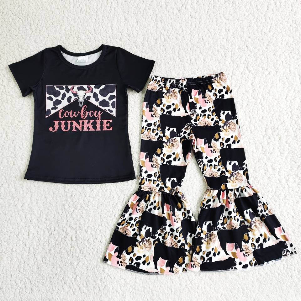 Clearance B6-28 Black Pink Cowboy Cow Print Girls Short Sleeve Bell Bottom Pants Outfits