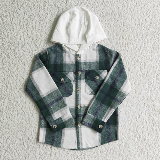 BT0075 Green Plaid White Pockets Boys Long Sleeve Hoodies Top