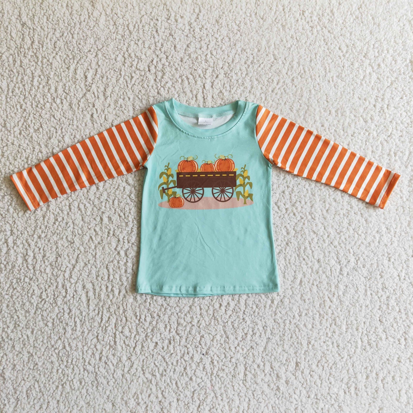 BT0030 Halloween Pumpkin Orange Stripes Green  Boys Long Sleeve Top T-shirts