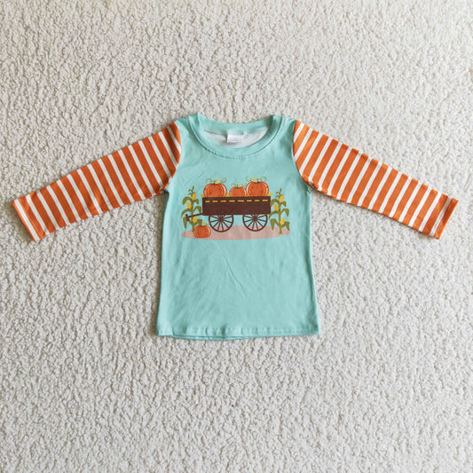 BT0030 Halloween Pumpkin Orange Stripes Green  Boys Long Sleeve Top T-shirts