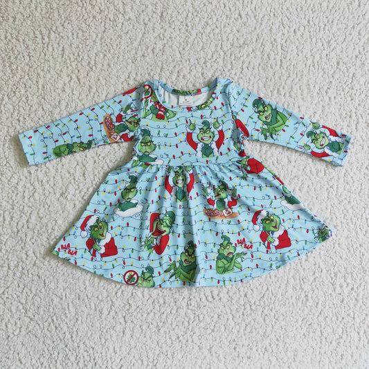 promotion GLD0103 Christmas Santa Red Green Cartoon Blue Girls Long Sleeve Dresses