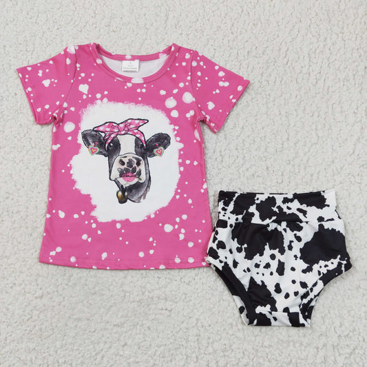 GBO0065 Pink Bleach Cow Print  Girls Short Sleeve Bummies Outfits