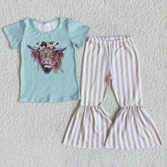 Clearance D2-20 Heifer Highland Cows Blue Pink Stripes Girls Short Sleeve Pants Outfits