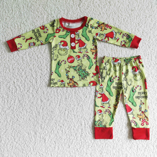 blp0073 Christmas Green Cartoon Red Boys Long Sleeve Pajamas