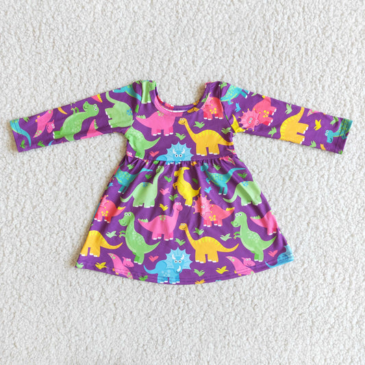 Clearance 6 A3-4 Dinosaur Purple Girls Long Sleeve Dresses