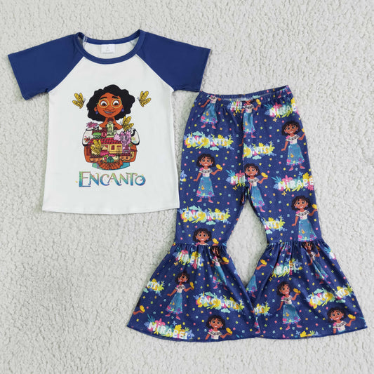 GSPO0015 Blue Raglan Princess En Cartoon Floral Girls Short Sleeve Pants Outfits