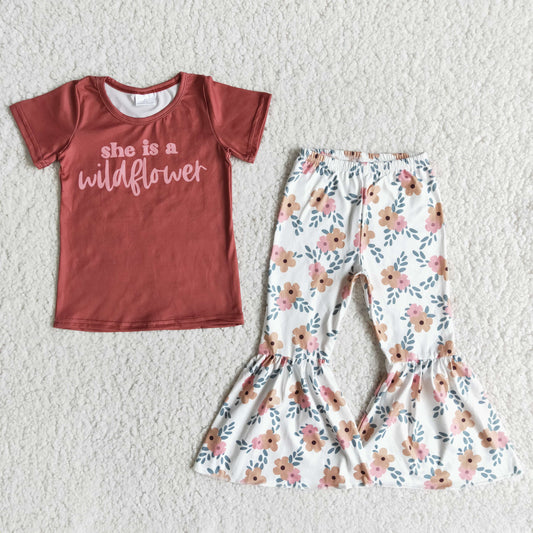 E13-30  She Is A Wild flower Red Floral Print With Bow Headband 3pcs Girls Short Sleeve Bell Bottom Pants Outfits