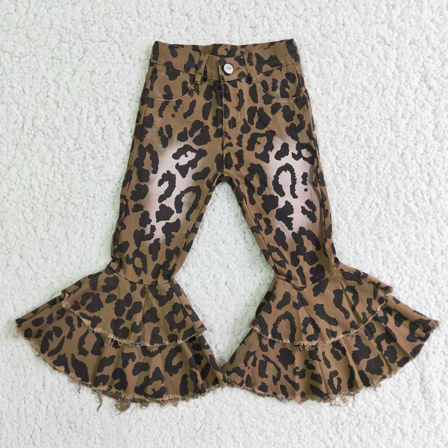 C4-7 Bleach Leopard Print Girls Double Ruffles Denim Jeans