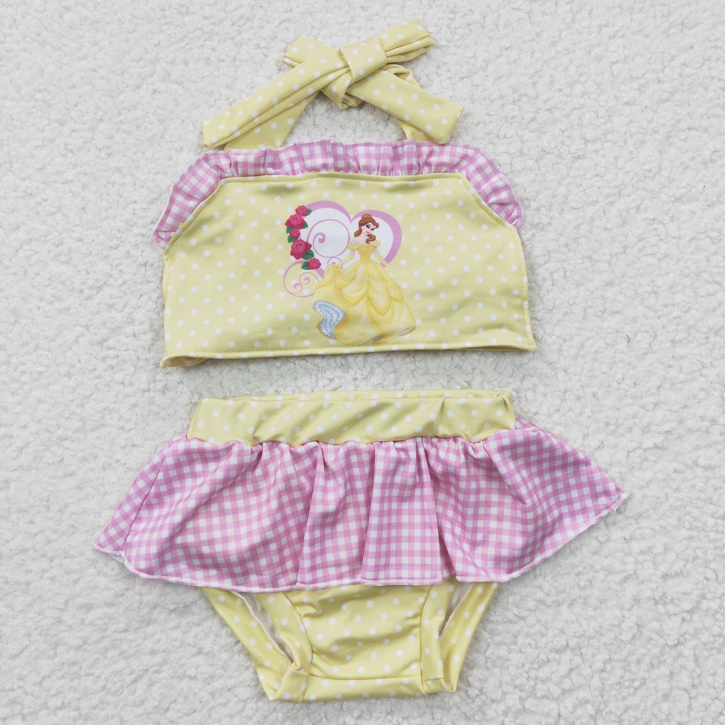 S0055 Pink Yellow Princess Embroidery Girls Swimming Bathing Suits Swimsuits