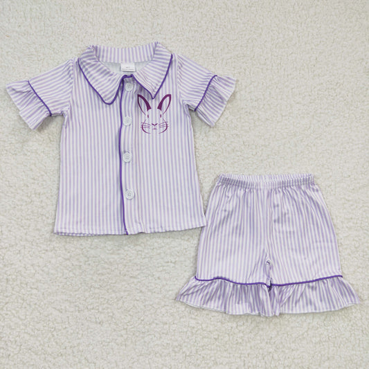 GSSO0144 Easter Purple Stripes Rabbit Girls Short Sleeve Shorts Outfits Collar Pajamas