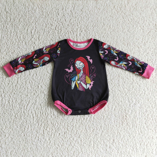 LR0151 Halloween Pink Cartoon Bat Girls Long Sleeve Romper