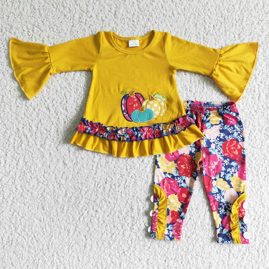 GLP0006 Halloween Pumpkin Yellow Floral Embroidery Tunic Girls Long Sleeve Pants Outfits