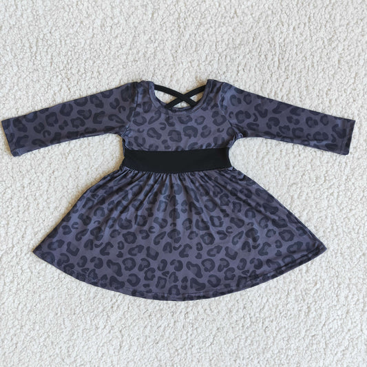 Clearance 6 B12-8 Blue Black Leopard Print Girls Long Sleeve Dresses