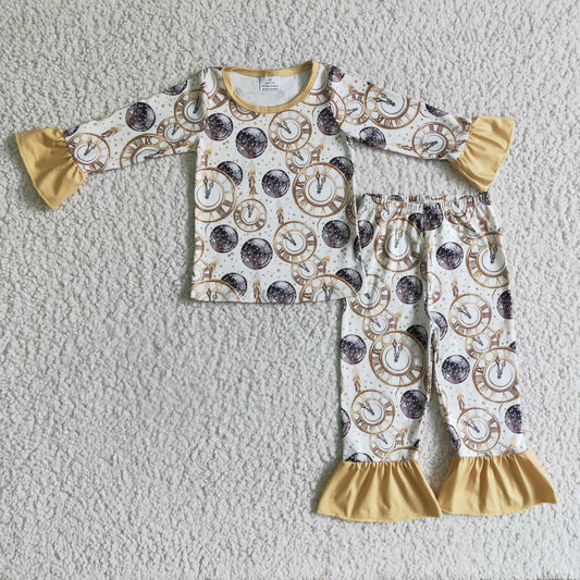 GLP0275 Yellow Clock Girls Long Sleeve Pants Outfits Pajamas
