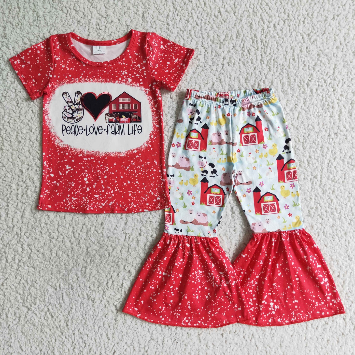 Clearance B12-23 Peace Love Farm Life Red Bleach Girls Short Sleeve Bell Bottom Pants Outfits