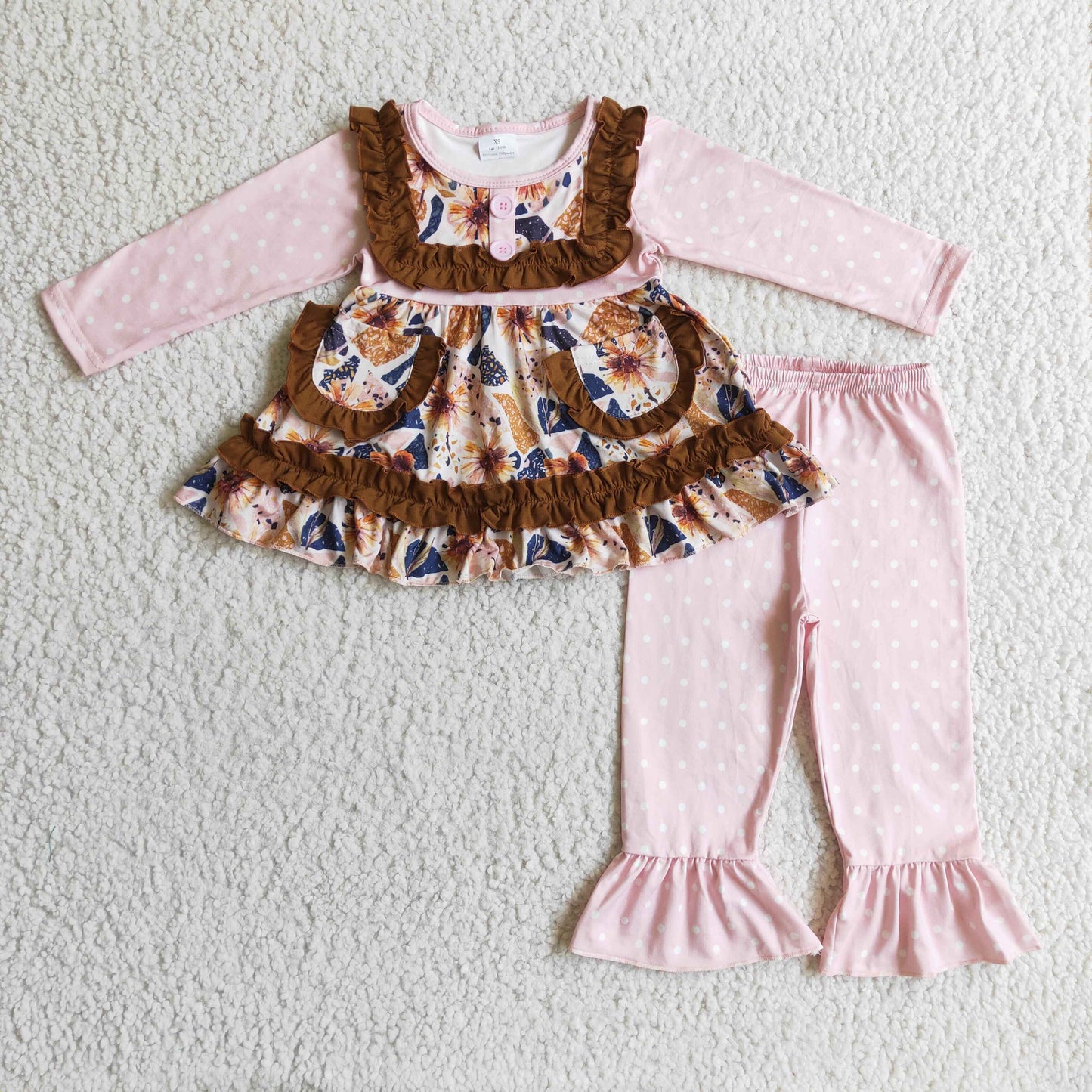 GLP0273 Pink Dots Brown Floral Flower Pockets Tunic Ruffles Girls Long Sleeve Bell Bottom Pants Outfits