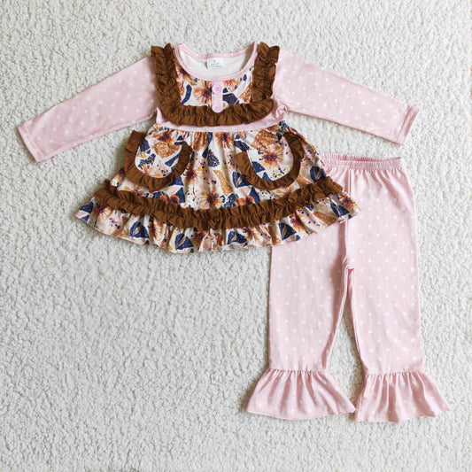 GLP0273 Pink Dots Brown Floral Flower Pockets Tunic Ruffles Girls Long Sleeve Bell Bottom Pants Outfits