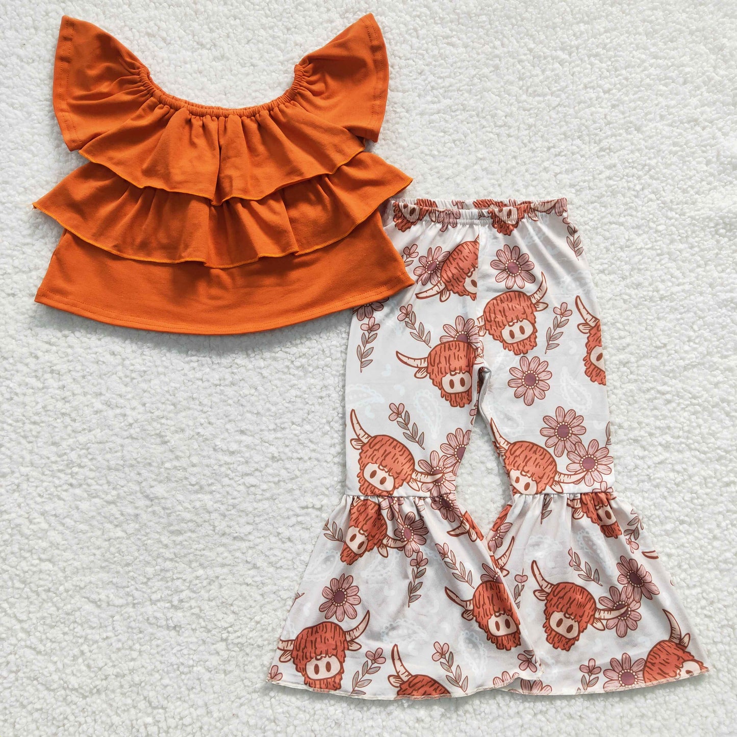 GSPO0464 Orange Highland Cow Cartoon Ruffles Girls Short Sleeve Bell Bottom Pants Outfits