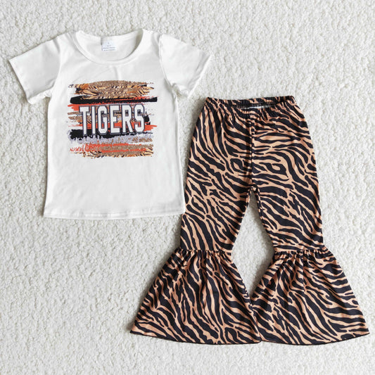 Clearance B1-5 Tigers Short Sleeve Baby Girls Bell Pants Outfits