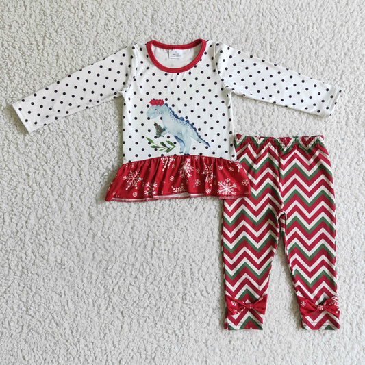 GLP0226 Christmas Red Green Dinosaur Cartoon Girls Long Sleeve Pants Outfits