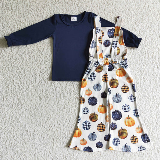 GLP0183 Halloween Pumpkin Blue Overall Girls Long Sleeve Bell Bottom Pants Outfits