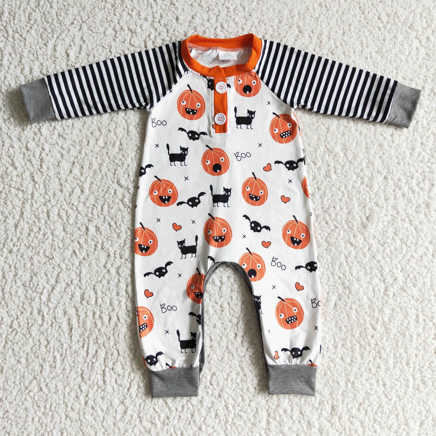 LR0140 Halloween Orange Pumpkin Bat Cat Cartoon Black Stripes Boys Long Sleeve Romper