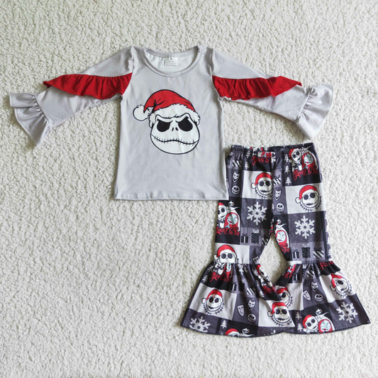 GLP0177 Christmas Halloween Ghost Clown Cartoon Grey Red Girls Long Sleeve Bell Bottom Pants Outfits