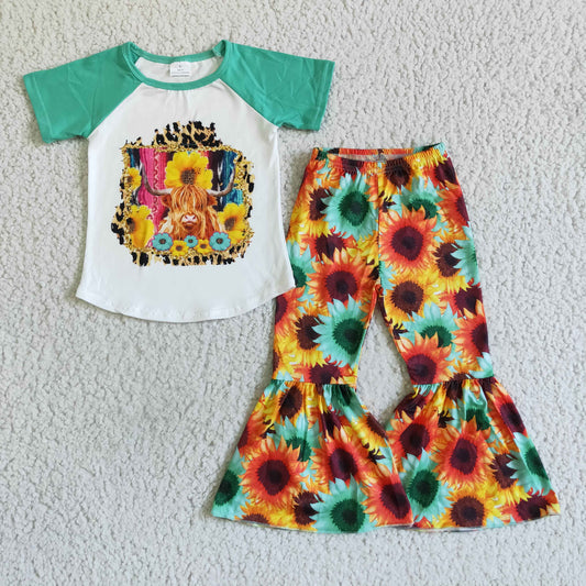 Clearance B9-3 Green Sunflower Highland Cows Girls Short Sleeve Bell Bottom Pants Outfits