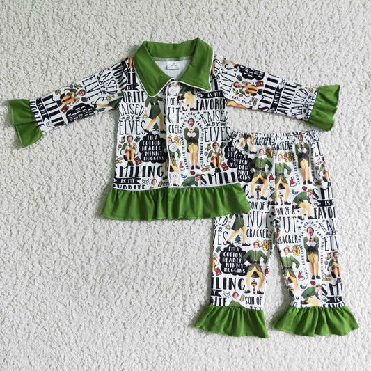 6 B6-5 Christmas Green Cartoon Collar Girls Long Sleeve Pajamas