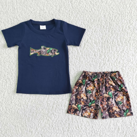 BSSO0010 Camo Blue Fish Embroidery Boys Short Sleeve Shorts Outfits