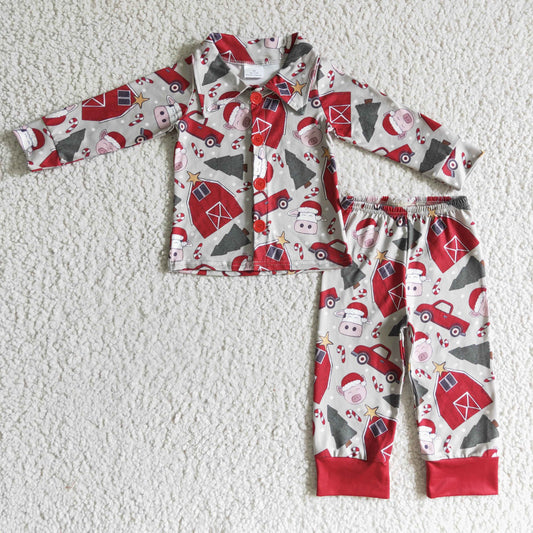 BLP0143 Christmas Red Green Santa Cow Car House Tree Collar Pajamas Boys Long Sleeve Pants Outfits