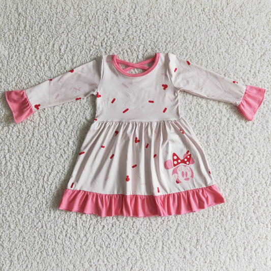 Clearance GLD0096 Christmas Pink M Cartoon Girls Long Sleeve Dresses