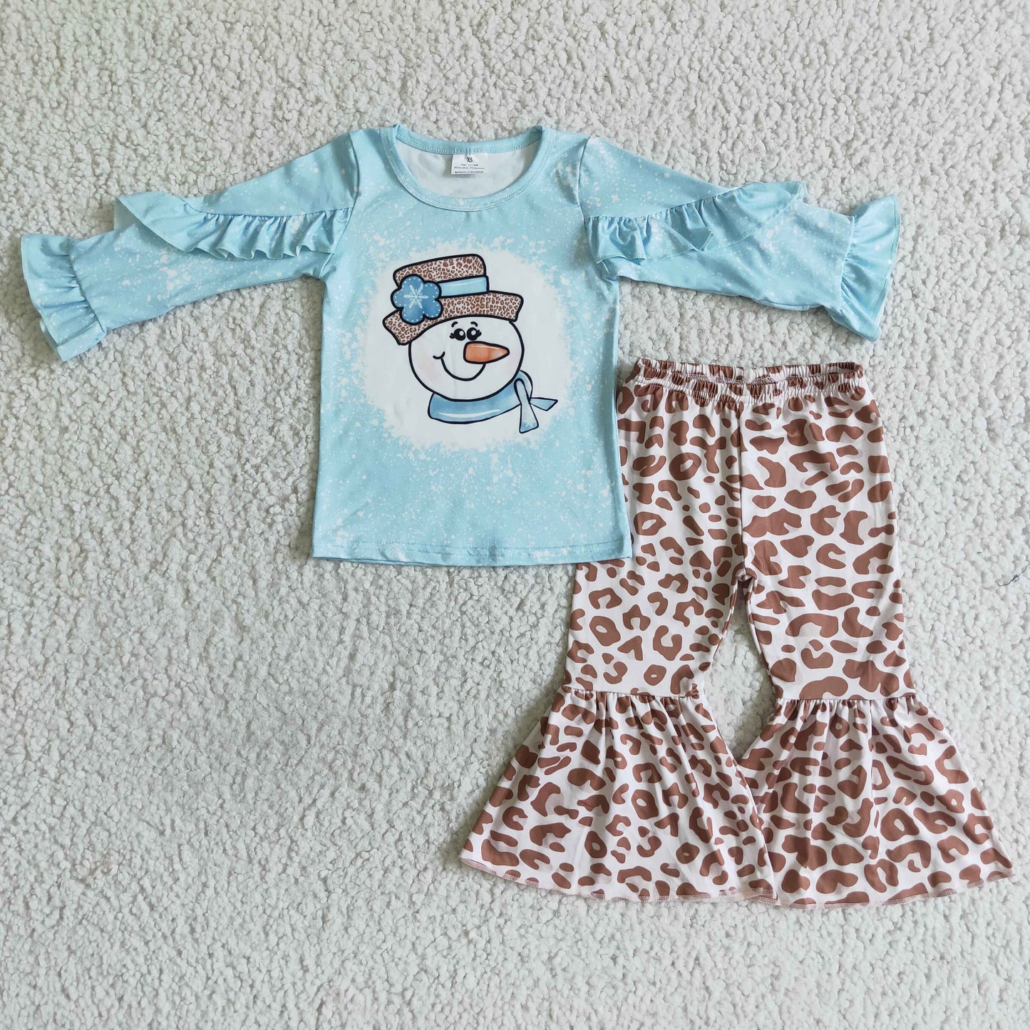 GLP0093 Blue Snowman Winter Leopard Ruffles Girls Long Sleeve Bell Bottom Pants Outfits