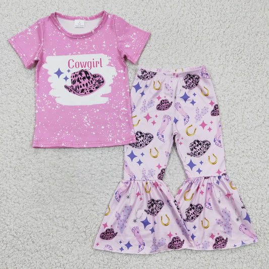 GSPO0349 Pink Cowgirl Cowboy hat Boots Girls Short Sleeve Bell Bottom Pants Outfits