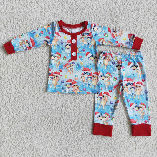 6 B11-24 Christmas Blue Cartoon Dog Girls Long Sleeve Pants Outfits Pajamas