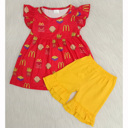 Red Flutter Sleeve Yellow Shorts Summer Set