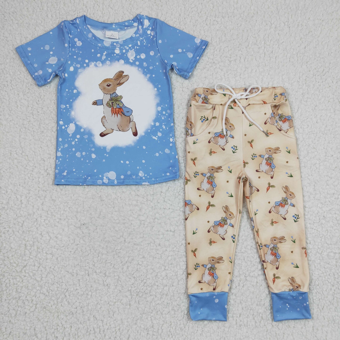 BSPO0083 Easter Blue Rabbit Carrot Boys Short Sleeve Pants Outfits