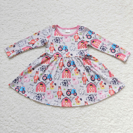 promotion GLD0151 Blue Pink Farm Life Horses Cow Pig Chicken Girls Long Sleeve Dresses