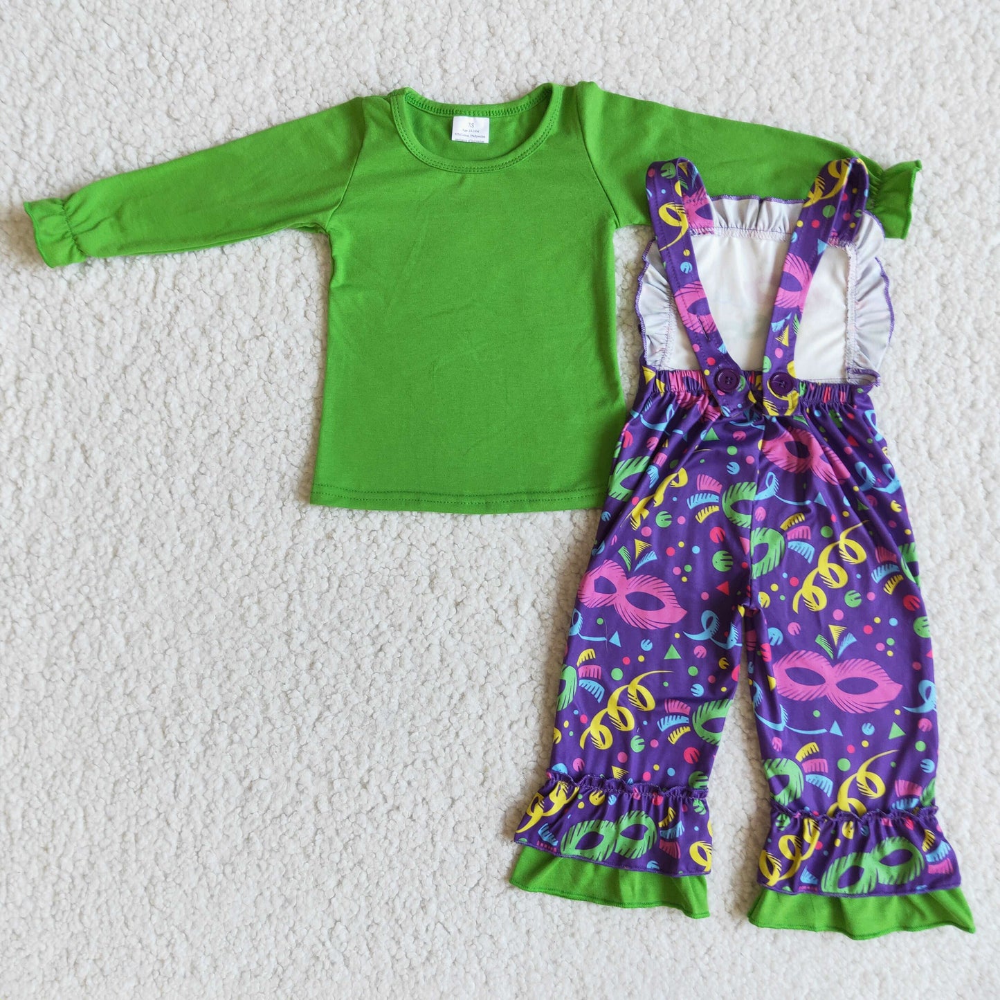 6 A28-19 Mardi Gras Green Top Match Overalls