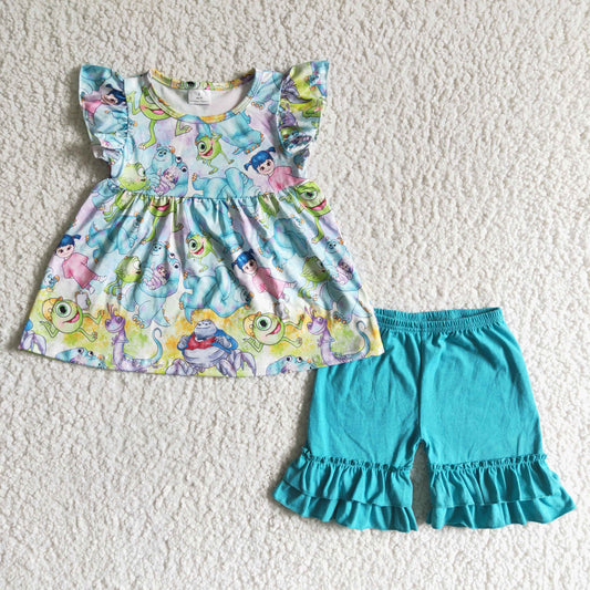 GSSO0040 Blue Cartoon Girls Flutter Sleeve Shorts Outfits