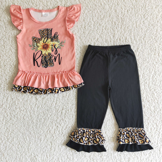 EC0003 Easter He Is Risen Leopard Cross Sunflower Girls Short Sleeve Pants Outfits