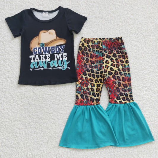 GSPO0373 Green Leopard Cowboy Take Me Away Western Girls Short Sleeve Bell Bottom Pants Outfits