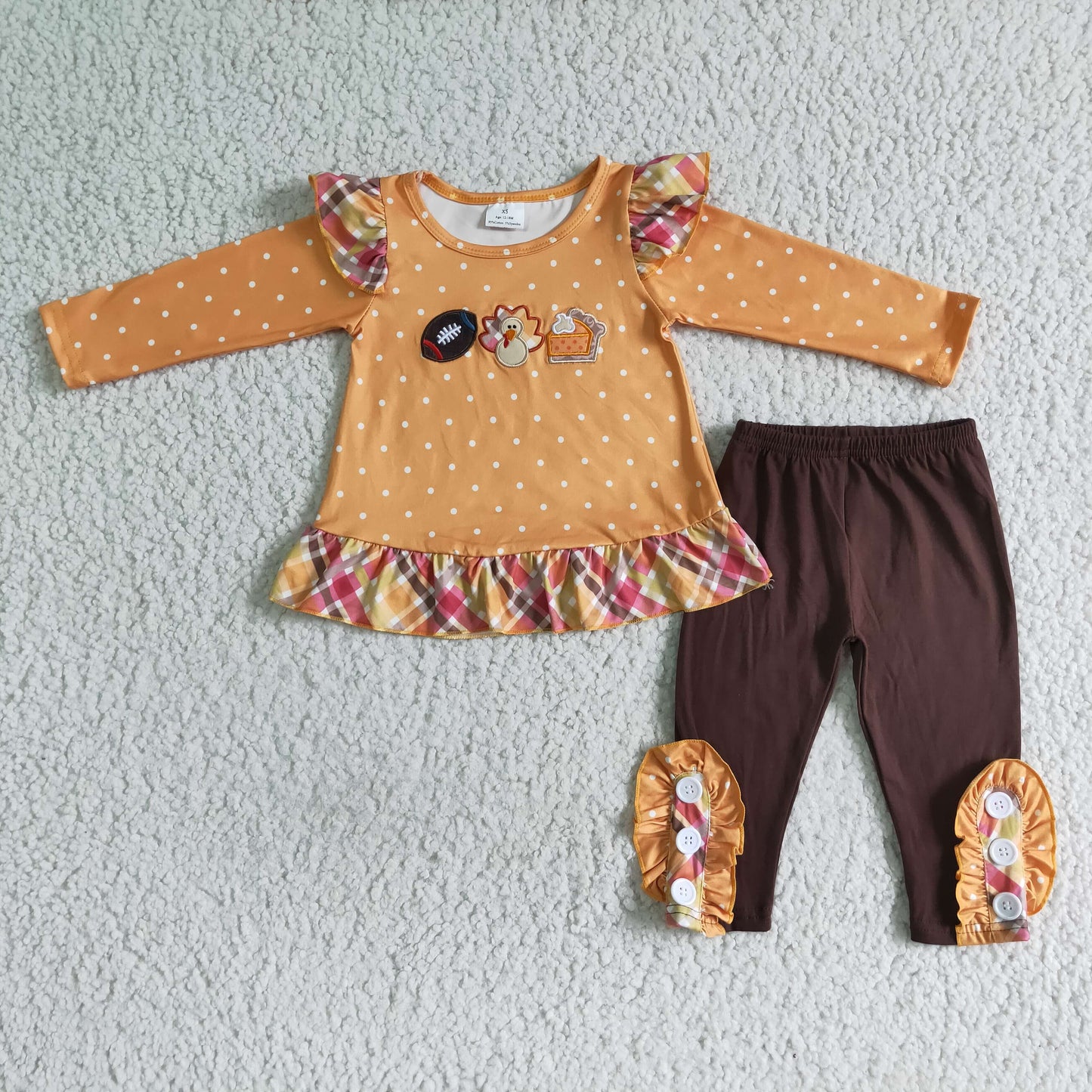 GLP0035 Thanksgiving Turkey Football Yellow Embroidery Girls Long Sleeve Pants Outfits