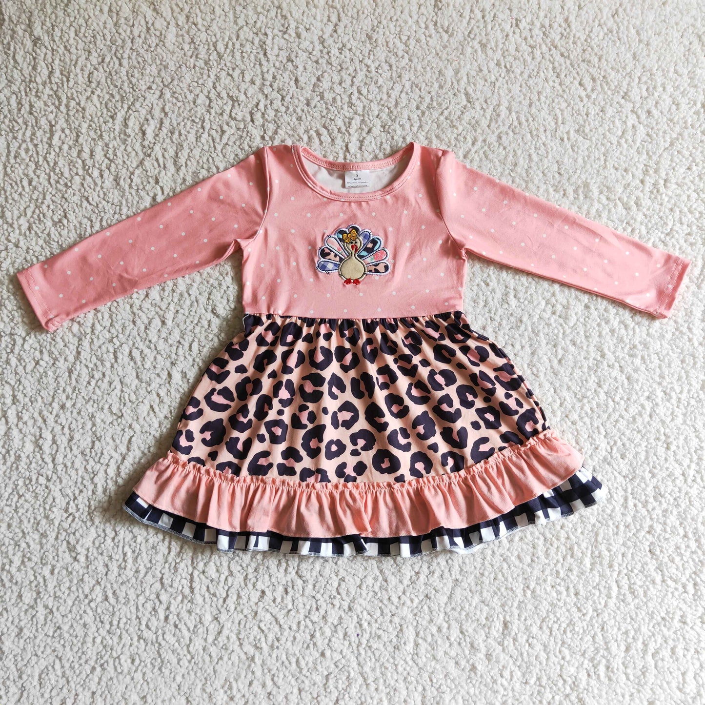 GLD0095 Thanksgiving Turkey Pink Leopard Embroidery Girls Long Sleeve Dresses