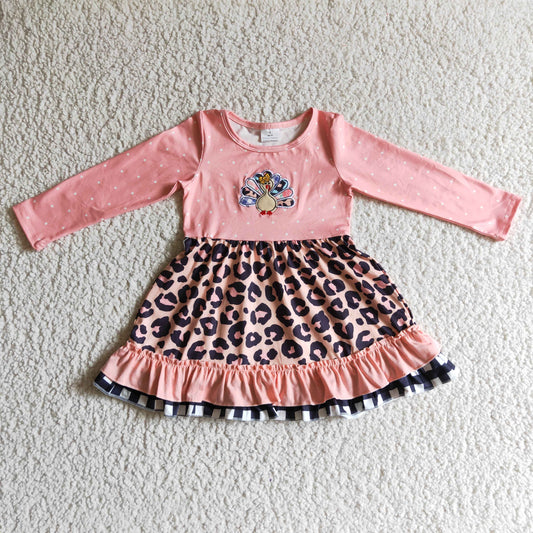 GLD0095 Thanksgiving Turkey Pink Leopard Embroidery Girls Long Sleeve Dresses