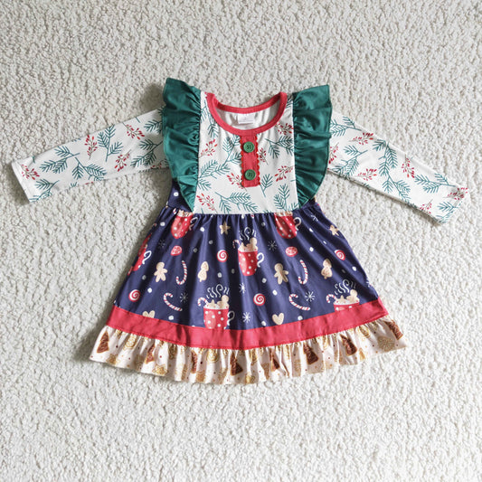 GLD0142 Christmas Red Blue Gingerbread Cake Milk Girls Long Sleeve Dresses