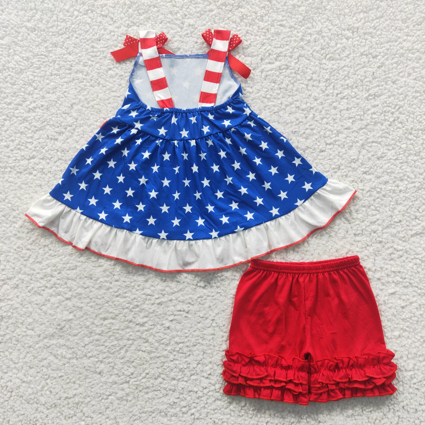 D7-1 4th Of July Flag Blue Starts Red With Bow Tunic Girls Sleeveless Shorts Outfits