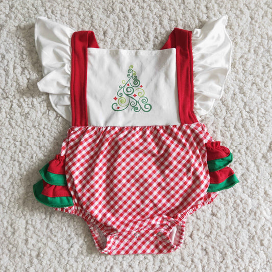 Clearance  E3-28 Christmas Tree Red Green Ruffles Girls Short Sleeve Romper